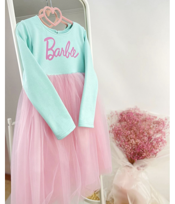 Сукня мятна з фатіном + друк (Barbie)